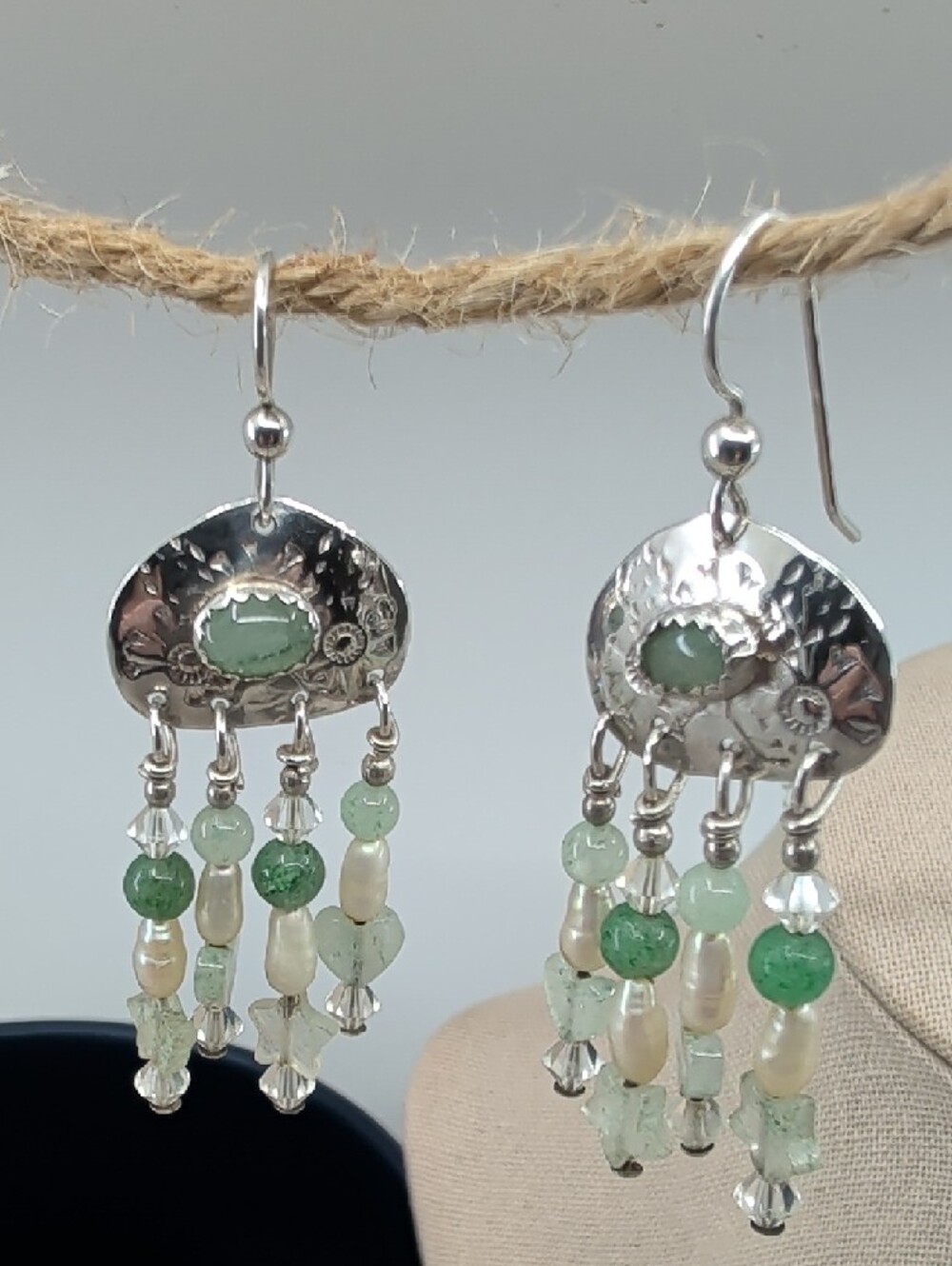 Vintage Hand-Hammered Artisan Silver Green Beaded Chandelier Drop Earrings